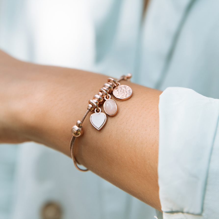 Heart + Rose Quartz Gemstone Multi-Charm Bracelet