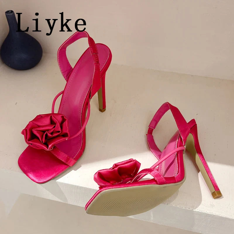 Liyke Square Toe Rose Slip-On Heels - Women's Sandals
